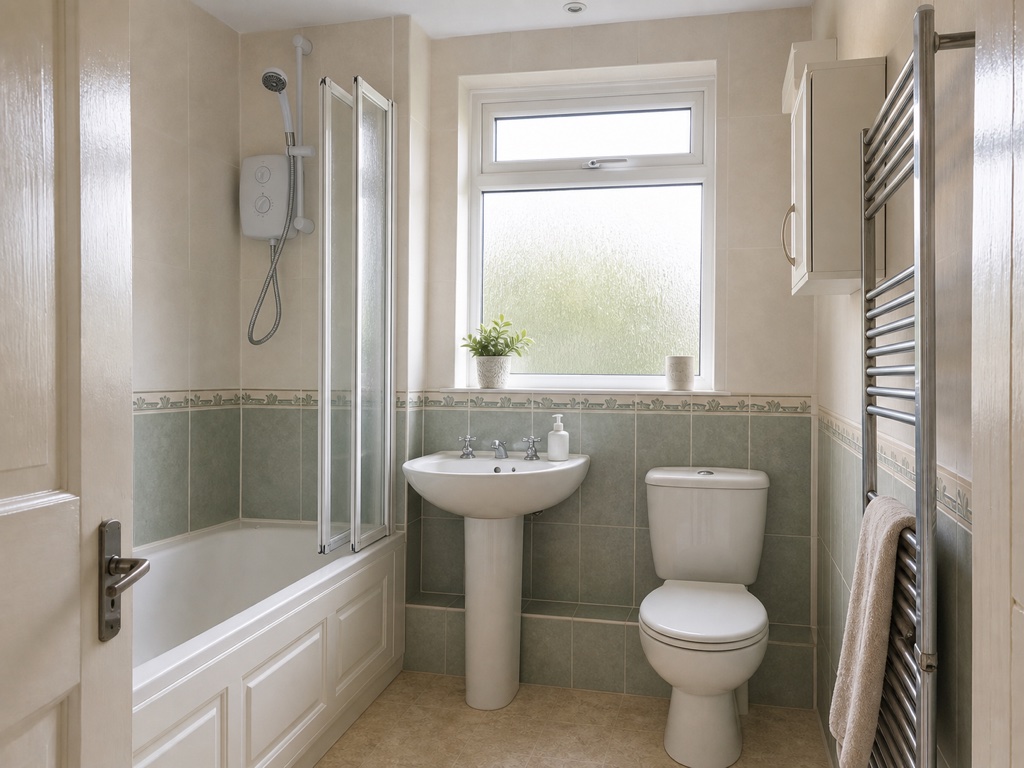 Family bathroom with a panelled bath, electric shower and pedestal basin