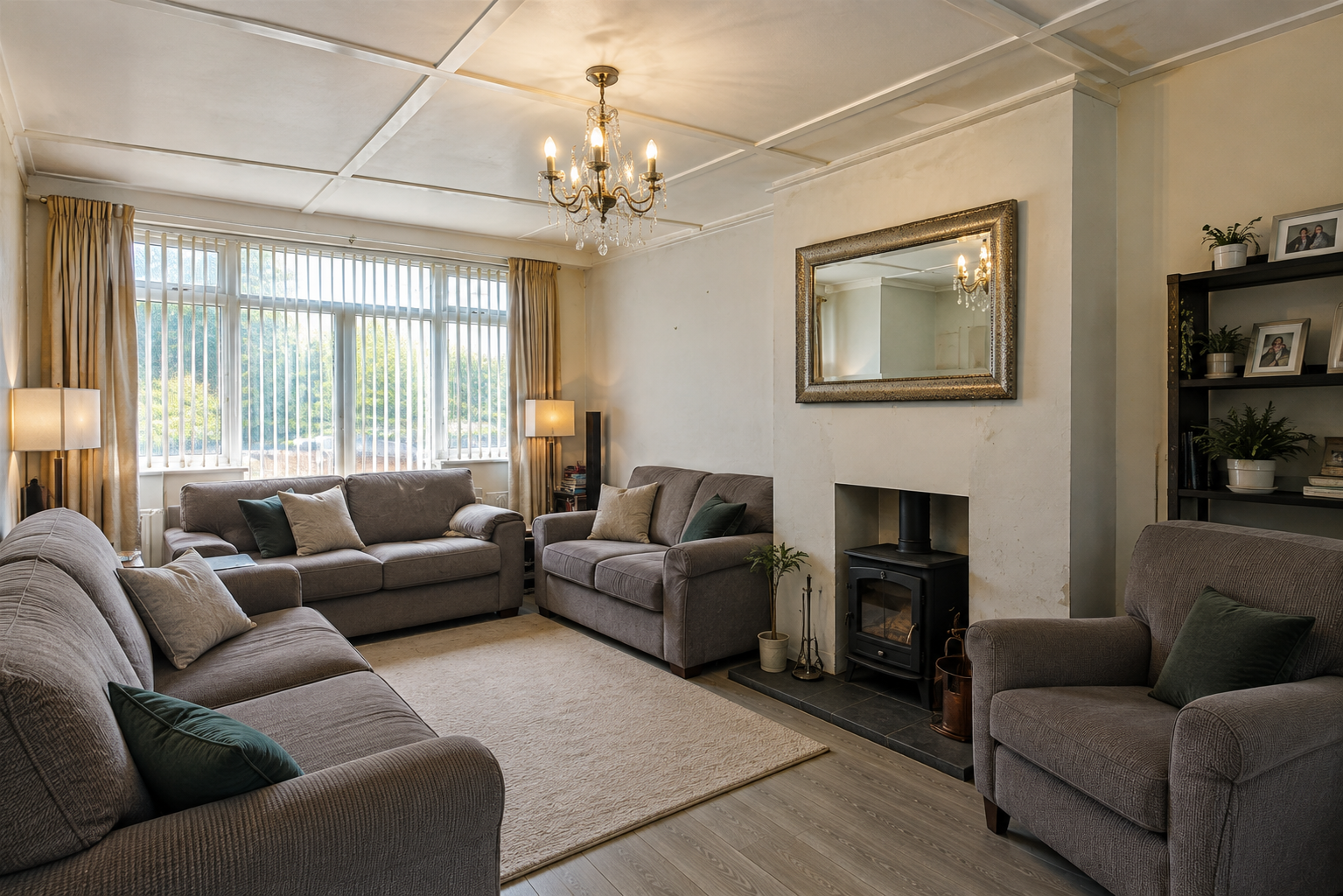 A living room with sofas and an armchair around a fireplace, wood-effect flooring and a rear-facing window
